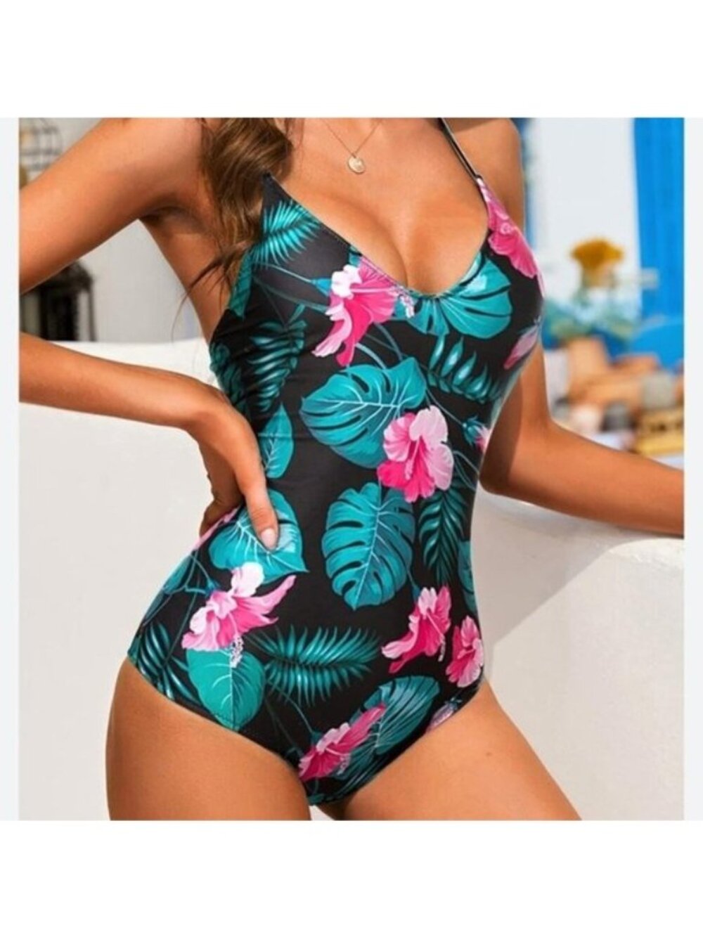 Ekour Tropical Floral Womens One Piece Swimsuit Black Size Large